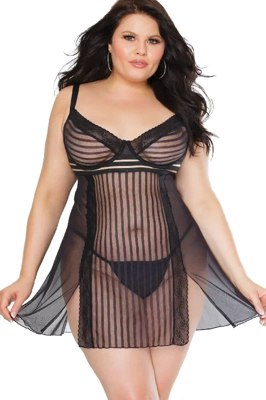 Striped Babydoll & Panty Set | Plus Size