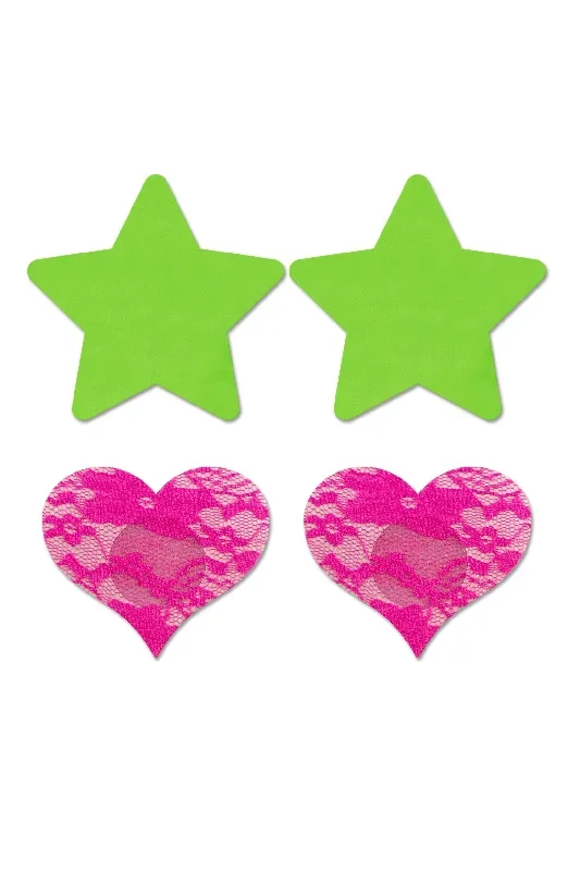 fantasy-uv-reactive-neon-star-lace-heart-pasties-green-pink-pack-of-2