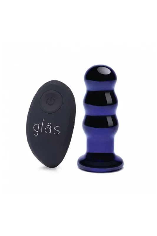 Gläs - Remote Controlled 3.5"" Rechargeable Vibrating Beaded Butt Plug - Blue