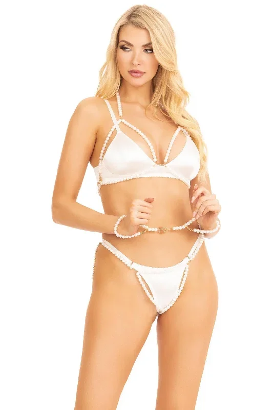 3 Piece Faux Pearl Open Cup Bra Set With Chain Clasp Closures