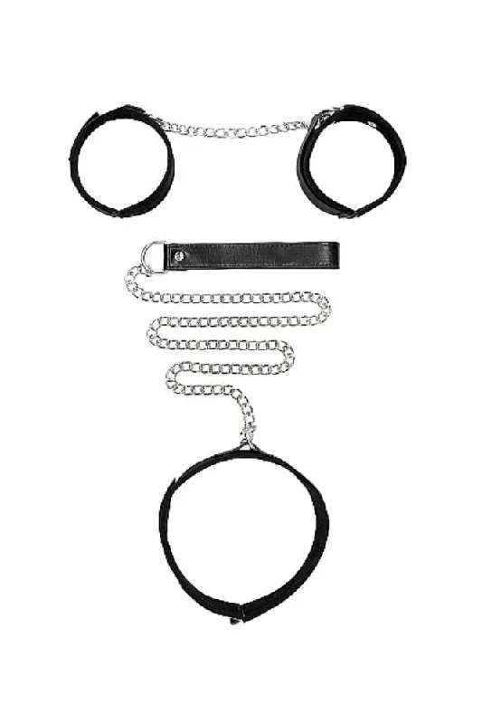 ouch-by-shots-toys-black-white-velcro-collar-with-leash-wrist-cuffs-black