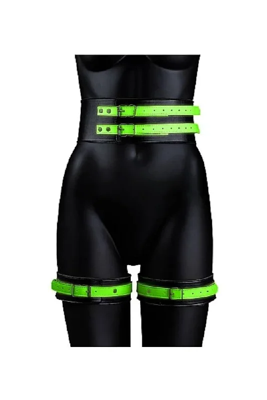 Ouch by Shots Toys - Glow - Thigh Cuffs with Belt and Handcuffs - Glow in the Dark