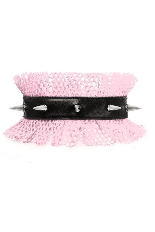 Sexy Light Pink on Black Fishnet Spike Choker